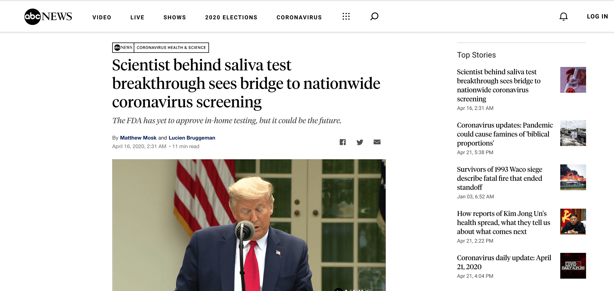 ABC NEWS-Scientist behind saliva test breakthrough sees bridge to nationwide coronavirus screening