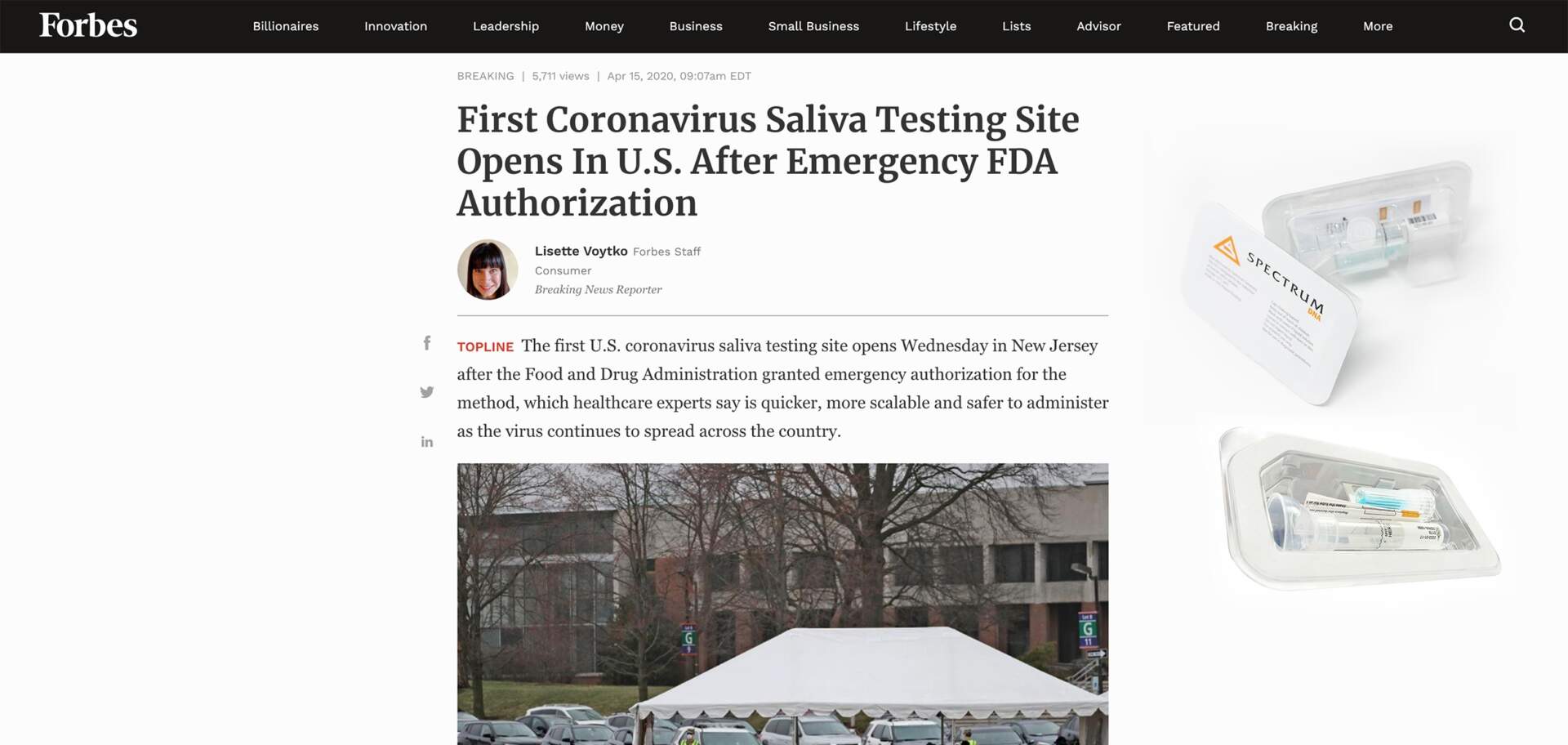 FORBES-First Coronavirus Saliva Testing Site Opens In U.S. After Emergency FDA Authorization