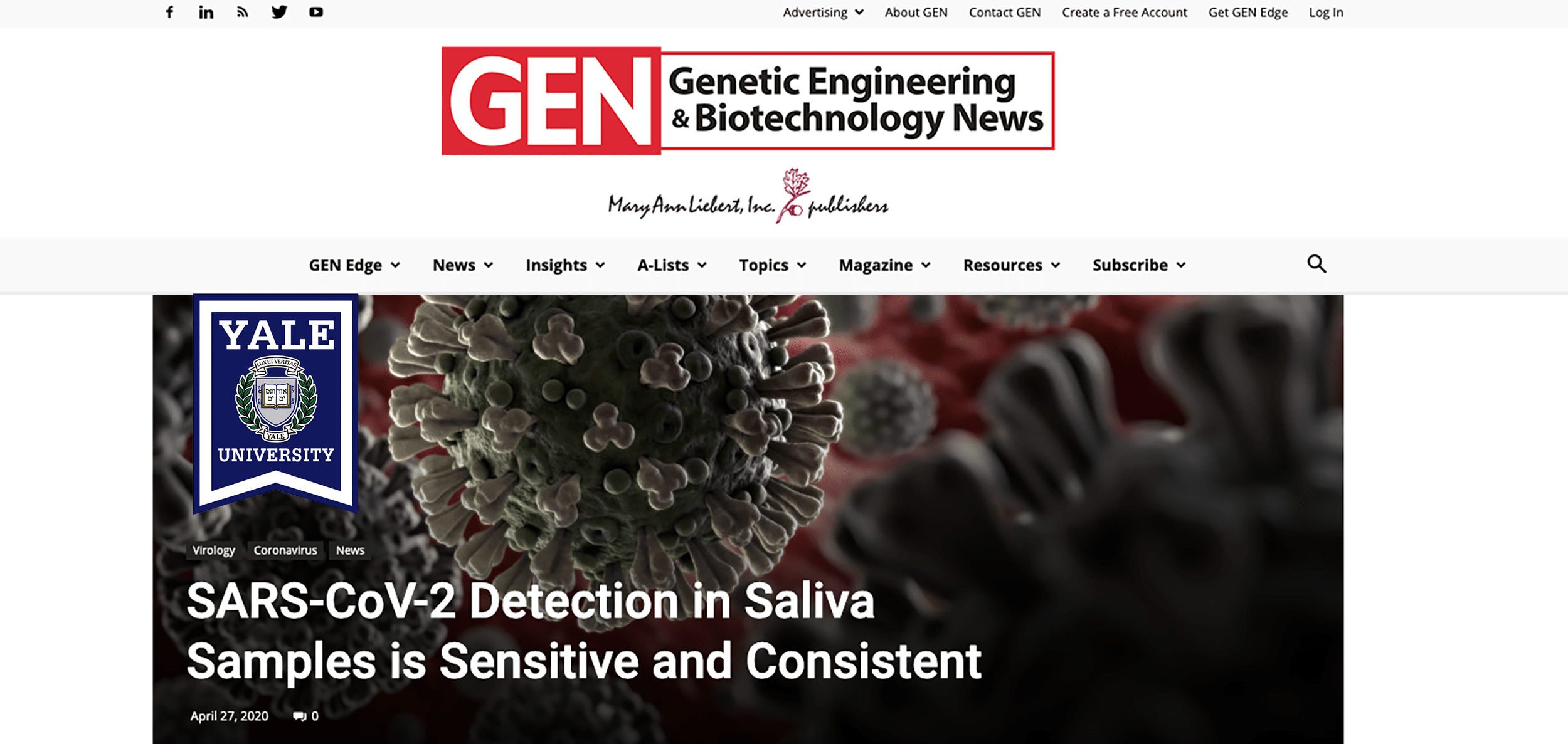 GENETIC ENGINEERING AND BIOTECH NEWS-SALIVA COLLECTION AFFIRMED IN COVID-19 TESTING