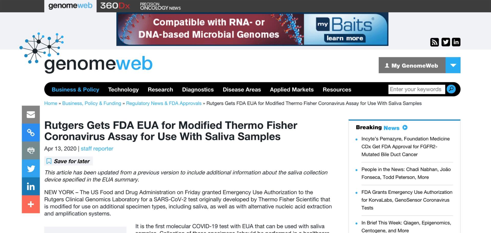 Genomeweb-FDA EUA for Coronavirus Assay for Using Saliva Samples with Spectrum Solutions