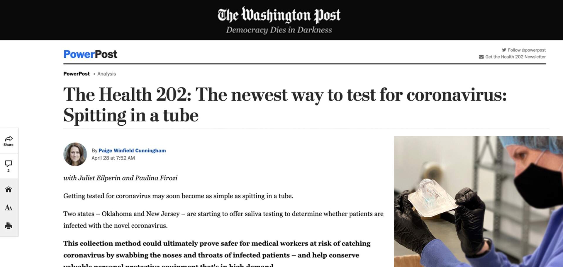 Washington Post-Health 202 Testing for COVID-19 Using Saliva