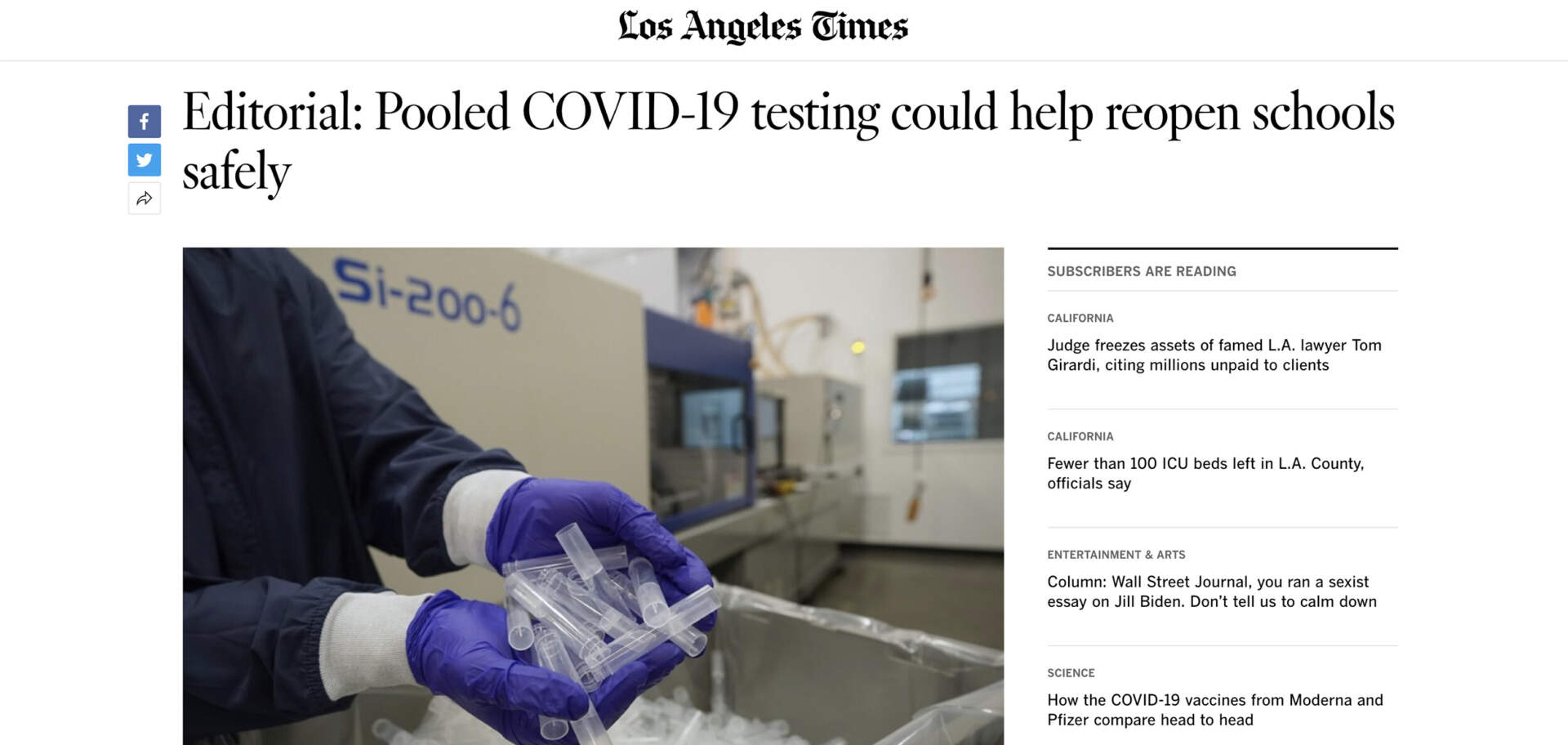Los Angeles Times - Pooled COVID-19 Testng - Spectrum Solutions